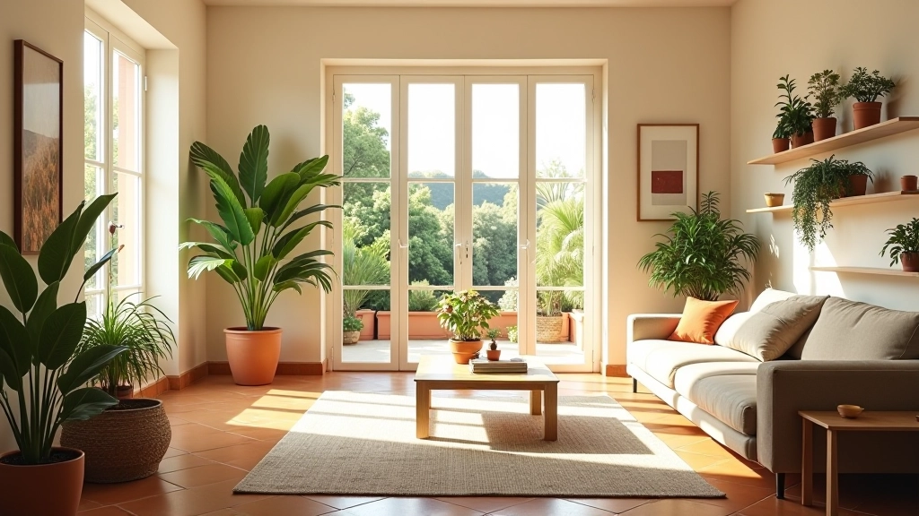 Sala aconchegante com luz natural, móveis confortáveis, plantas verdes e vista para terraço português