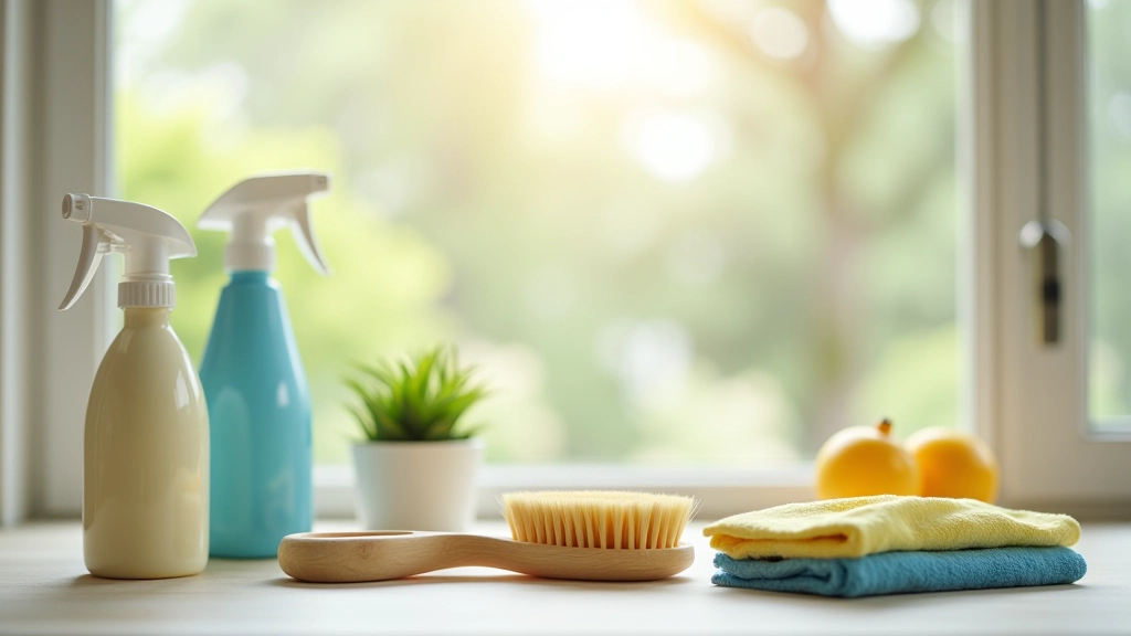 Produtos de limpeza profissional e ferramentas organizadas na cozinha: panos, escovas, frascos de desinfetante