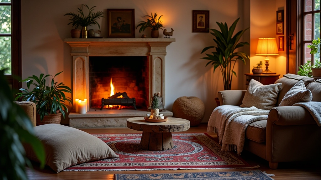 Sala aconchegante com tapetes, mantas e almofadas para inverno português