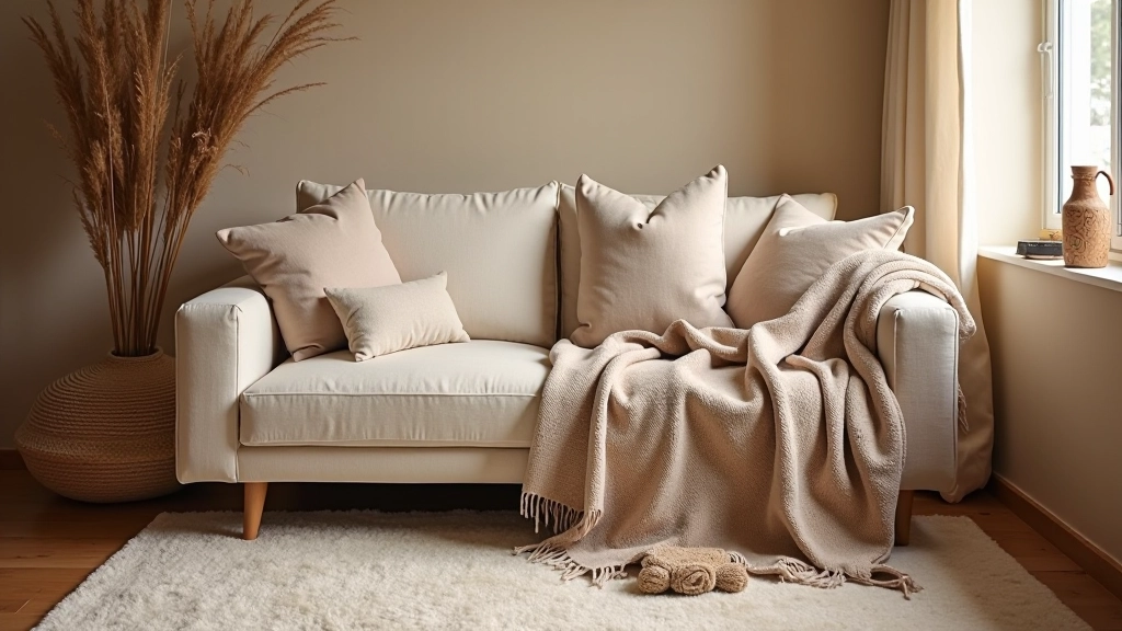 Tapetes de lã, almofadas macias e mantas em tons quentes, sofá aconchegante perto de janela