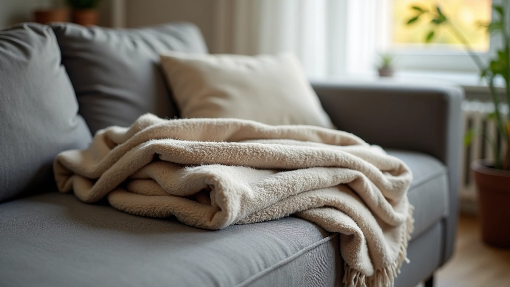 Detalhe de manta de lã dobrada sobre sofá cinzento com luz natural da janela
