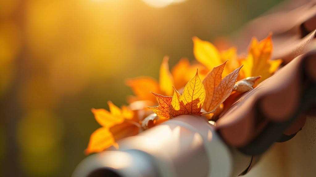 Canaleta de telhado entupida com folhas secas de outono, vista lateral clara