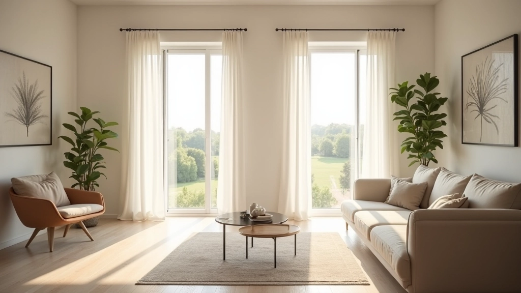 Sala de estar portuguesa com duas janelas opostas abertas, cortinas leves balançando, luz natural brilhante