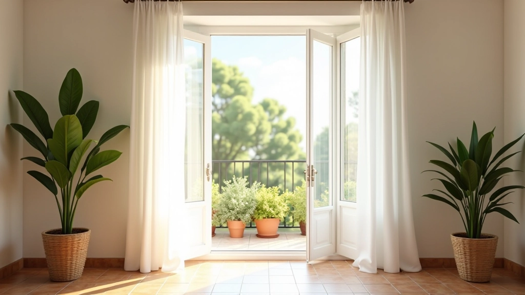 Janelas abertas em uma sala de estar com cortinas leves, luz natural forte, brisa passando