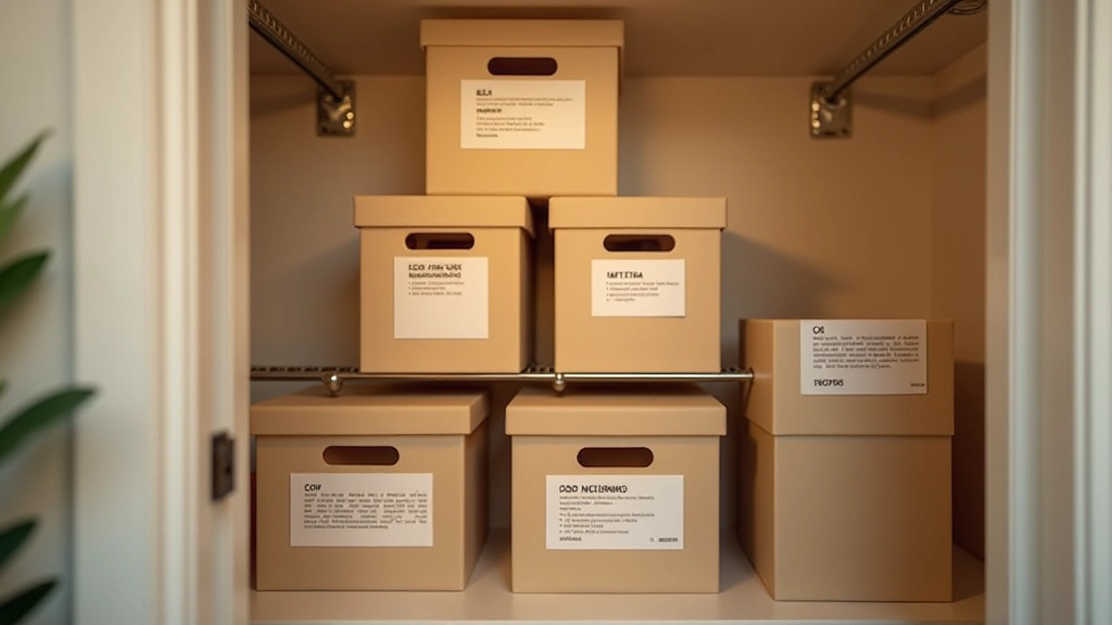 Interior de armário bem organizado com caixas de armazenamento rotuladas para diferentes estações de roupa