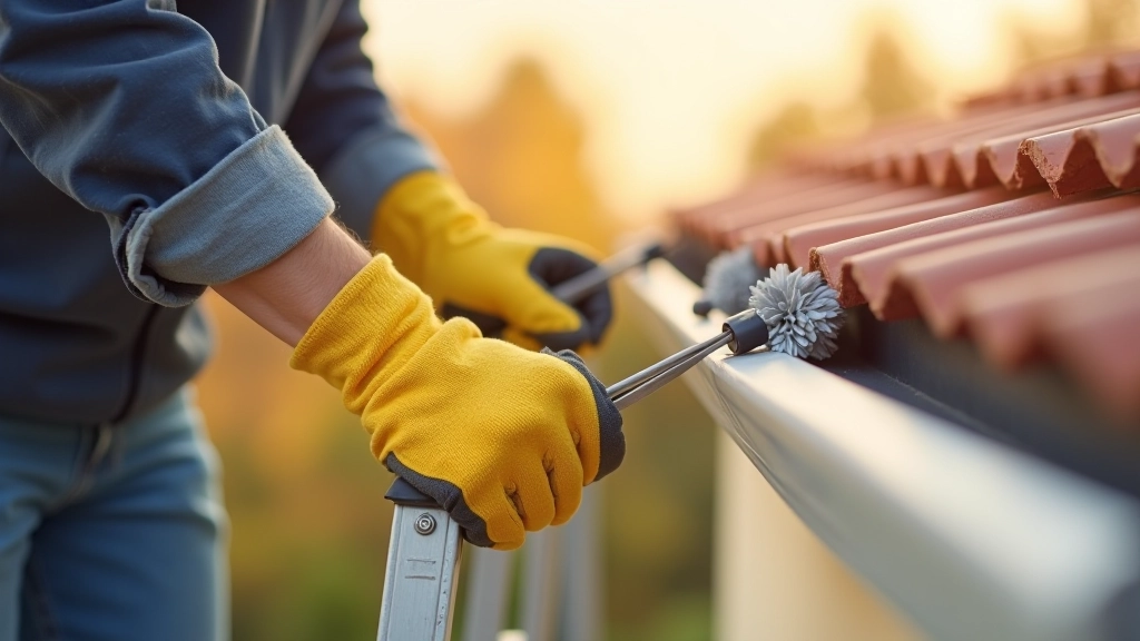 Pessoa limpando canaleta do telhado com luvas e ferramentas apropriadas, em escada de alumínio