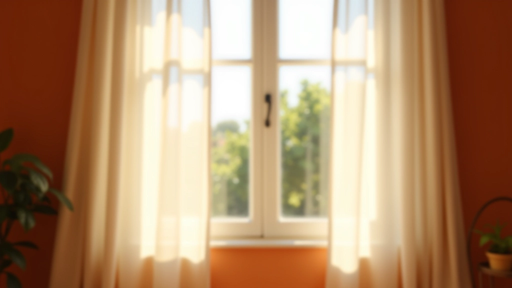 Janelas abertas de uma casa portuguesa com cortinas leves balançando ao vento, luz solar forte