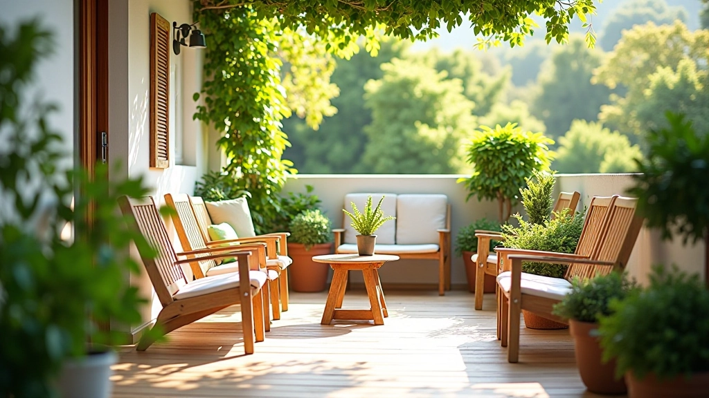 Varanda decorada com plantas verdes, cadeiras de madeira, mesa de café, luz natural suave