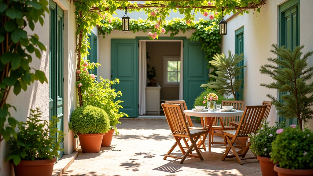 Varanda decorada com plantas verdes, cadeiras de madeira, mesa com café, vista para jardim