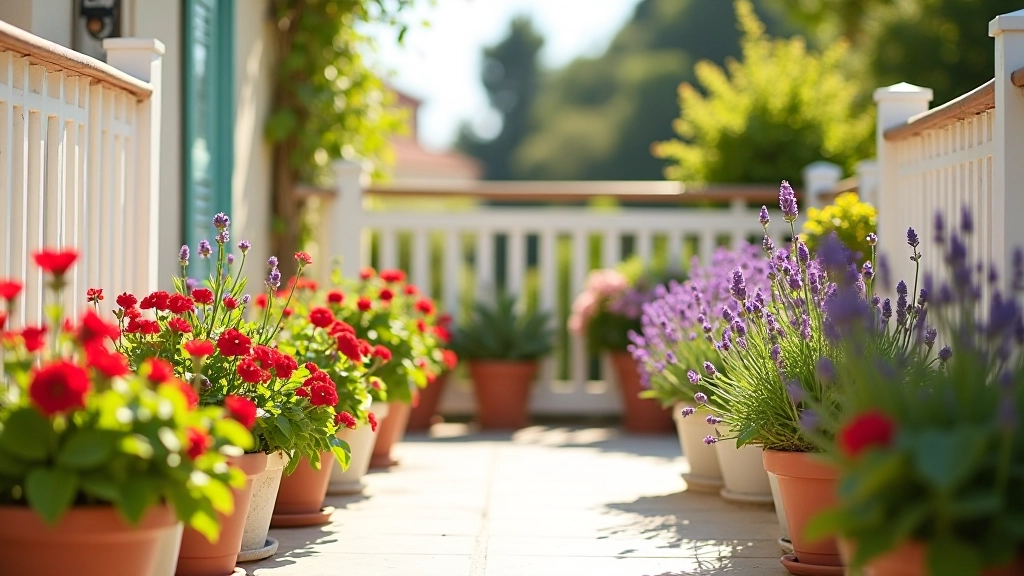 Varanda com múltiplos vasos de plantas coloridas, gerânios vermelhos, lavanda roxa, luz solar da manhã