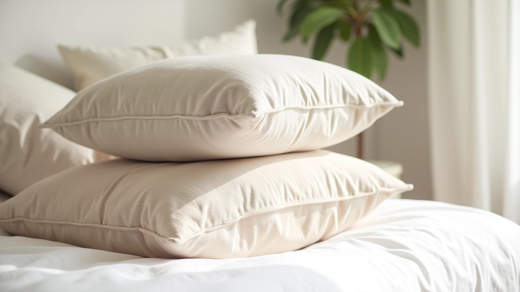 Várias almofadas em diferentes texturas empilhadas em cama com lençol branco de algodão