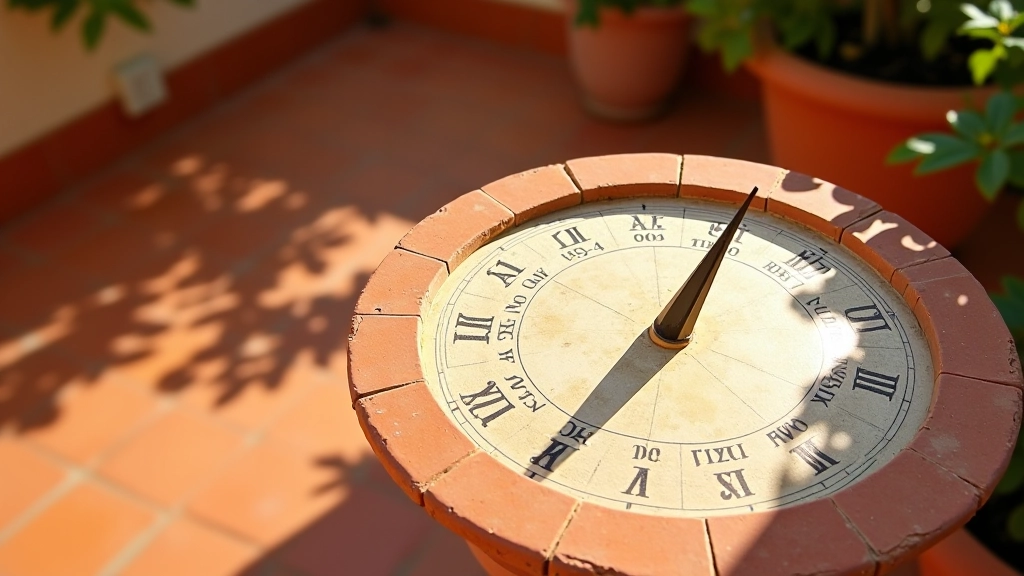 Relógio de sol em uma varanda portuguesa com sombras indicando diferentes horas do dia