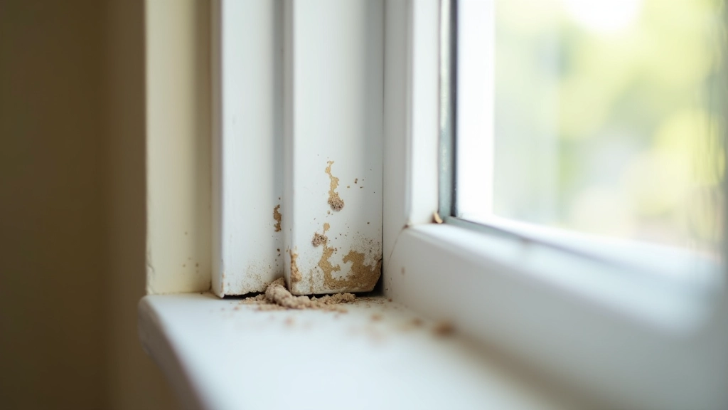 Detalhe de canto de janela mostrando vedação de silicone deteriorada com fungos e greturas visíveis