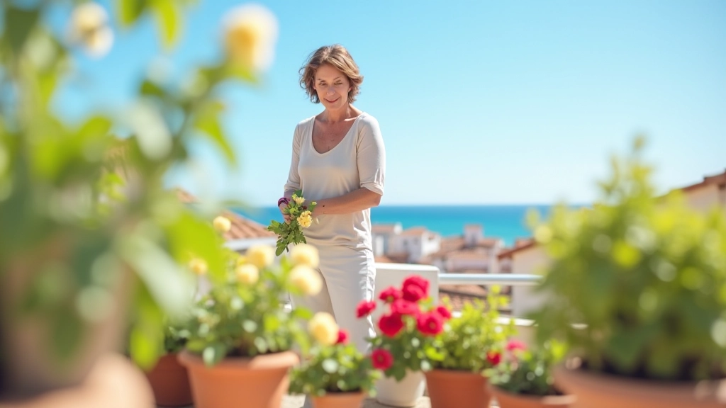 Pessoa arrumando vasos de flores em varanda ensolarada, primavera