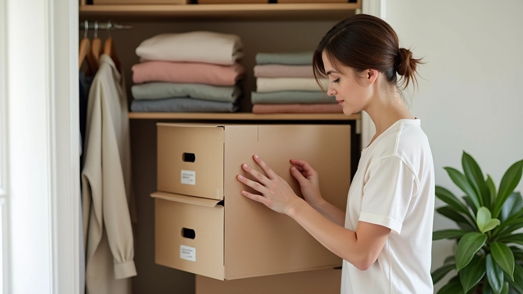 Mulher organizando guarda-roupa com organização de roupa de estação