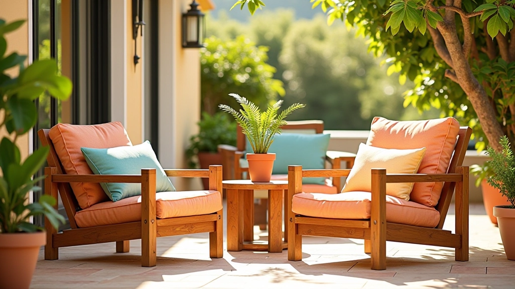 Cadeiras de madeira confortáveis e mesas pequenas em terraço português, almofadas coloridas