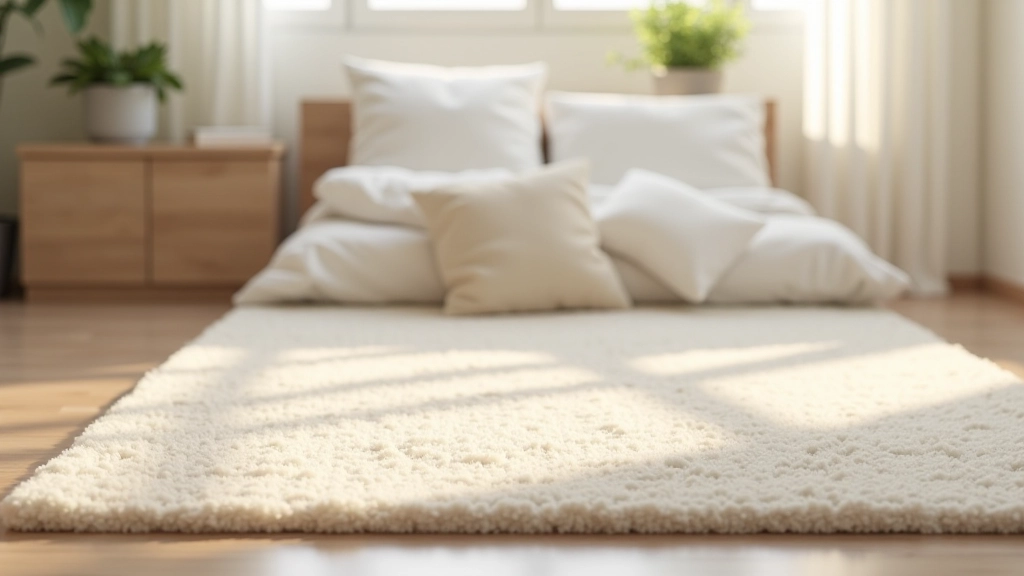 Tapete de lã bege em quarto com cama feita e luz natural suave pela manhã